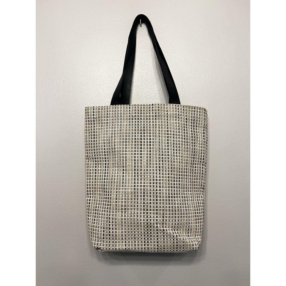 Chilewich Woven Black Cream Tote Bag Neutral Leather Straps Minimalist Luxury